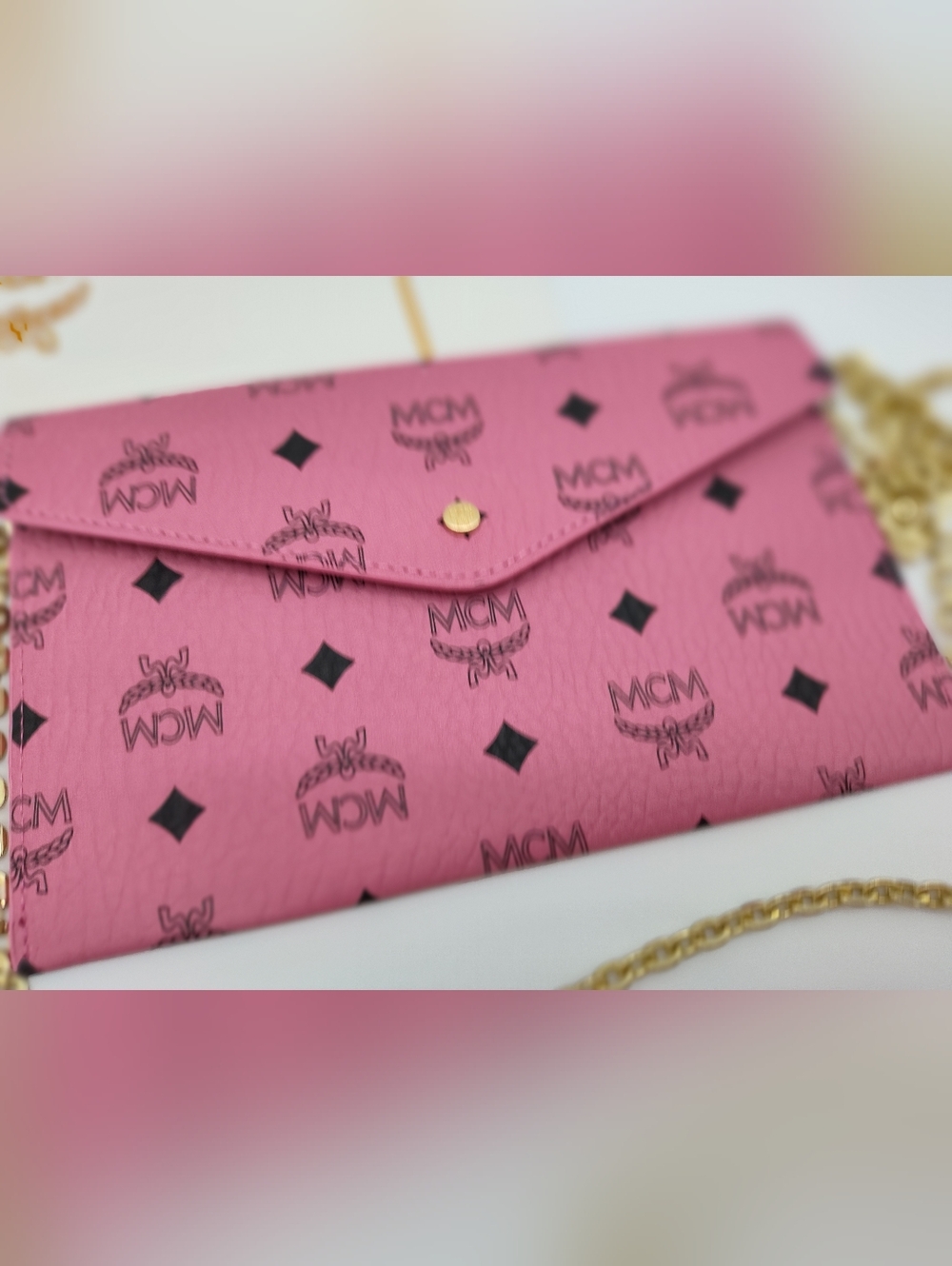 MCM Pink Visetos Envelope Chain Wallet Crossbody Clutch Beauté NIP With Insert - Picture 3 of 6